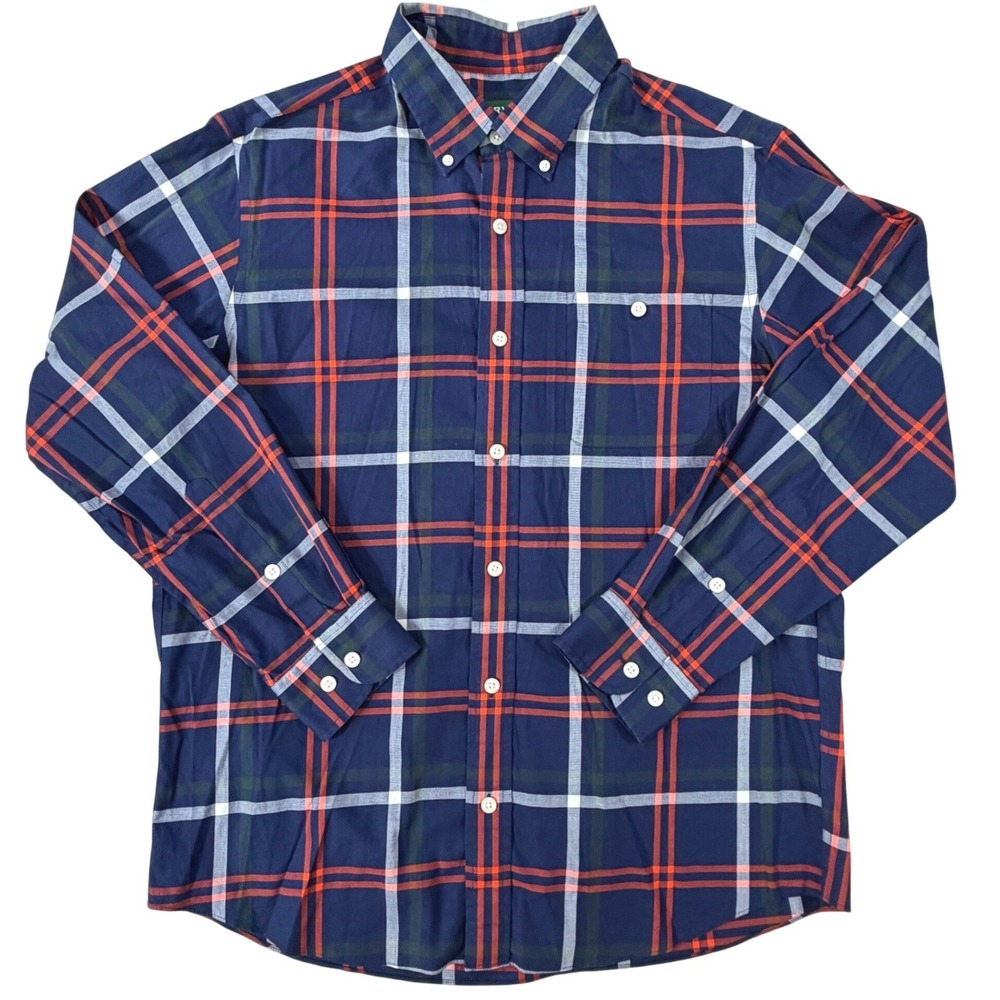 Orvis Button Down Dress Shirt Men LG Navy Blue Orange Plaid Wrinkle Free Classic